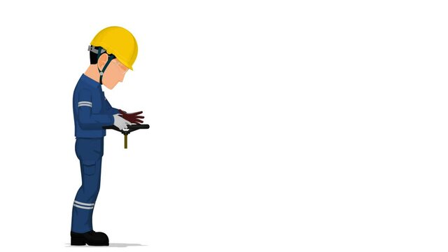 A worker  is operating valve on white background
