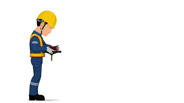 A worker  is operating valve on white background
