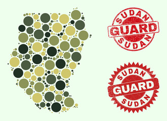 Vector circle elements composition Sudan map in camo hues, and grunge badges for guard and military services. Round red watermarks have phrase GUARD inside.