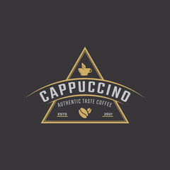 Vintage Emblem Badge Coffee Shop Logo with Cup and Coffee Beans Symbol in Retro Style Vector Illustration