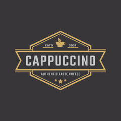 Obraz premium Vintage Emblem Badge Coffee Shop Logo with Cup and Coffee Beans Symbol in Retro Style Vector Illustration