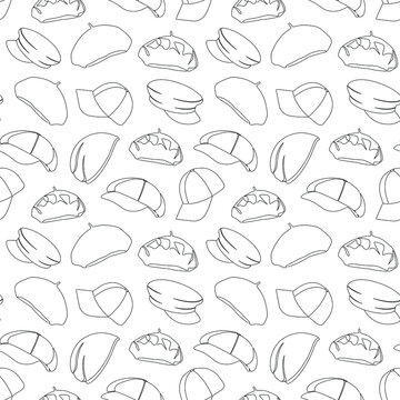 Hats, continuous line, seamless pattern. Different hats, vector background image