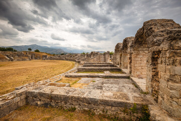 Ruins of the amphitheater of archaeological roman settlement in the Solin, near Split town, Croatia, Europe.