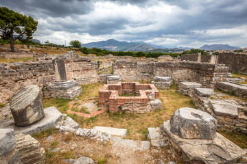 Fototapeta na wymiar Archaeological ruins of Roman buildings of settlement in the Solin, near Split town, Croatia, Europe.