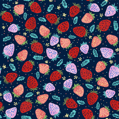 Three tones strawberries seamless repeat tile pattern background on dark navy