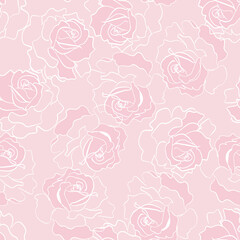 White contour line rose tonal pedal seamless repeat tile pattern background on light pink