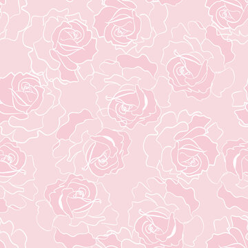 White contour line rose tonal pedal seamless repeat tile pattern background on light pink