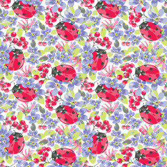Red ladybug purple lilac flowers green leaves seamless repeat vector pattern for fashion, print, fabric, textile, background, wallpaper, wrapping paper, scrapbooking, creation, vintage retro style