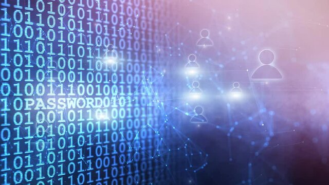 Binary code with password word on abstract people icons cyberspace background. Concept digital technology copy space animation.	
