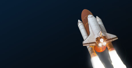 Space shuttle launch isolated on dark gradient background. Spaceship sci-fi element. Elements of...