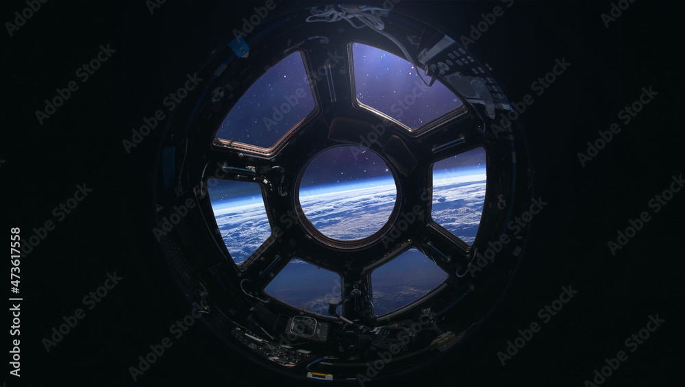 Poster view from cupola porthole of iss space station. sci-fi collage. elements of this image furnished by 