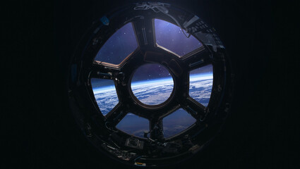 View from cupola porthole of ISS space station. Sci-fi collage. Elements of this image furnished by...