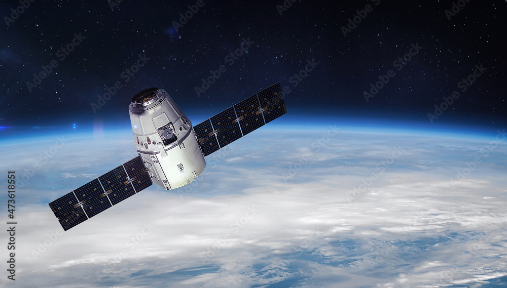 Poster spaceship in outer space on orbit of earth planet. sky and stars.expedition of spacecraft to interna