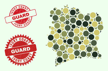Vector spheric elements combination Ivory Coast map in camo colors, and rubber stamp seals for guard and military services. Round red stamp seals contain phrase GUARD inside.
