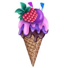 illustration of waffle cone of colorful ice cream with berries and striped straw isolated on white background