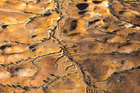 Dry arid landscape from central South Australia. Aerial images over the Painted Desert, Dry Creek Beds, and scrub bushland