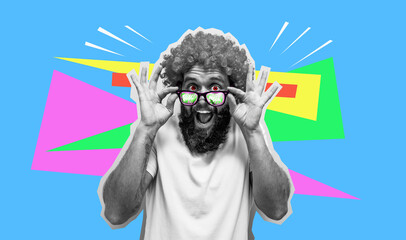 Crazy hipster guy emotions. Collage in magazine style. Discount, sale, season sales. Colorful summer concept. A happy charismatic guy. - obrazy, fototapety, plakaty