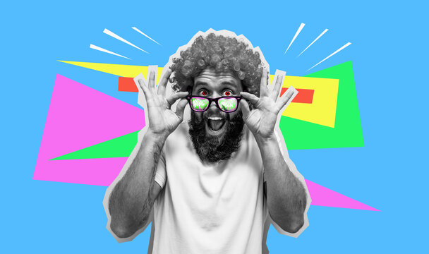 Fototapeta Crazy hipster guy emotions. Collage in magazine style. Discount, sale, season sales. Colorful summer concept. A happy charismatic guy.