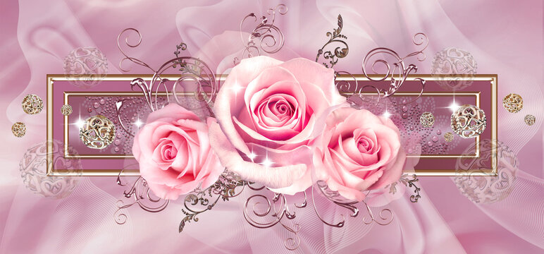 3D-image pink roses with floral ornaments and gold frame on a lilac abstract background