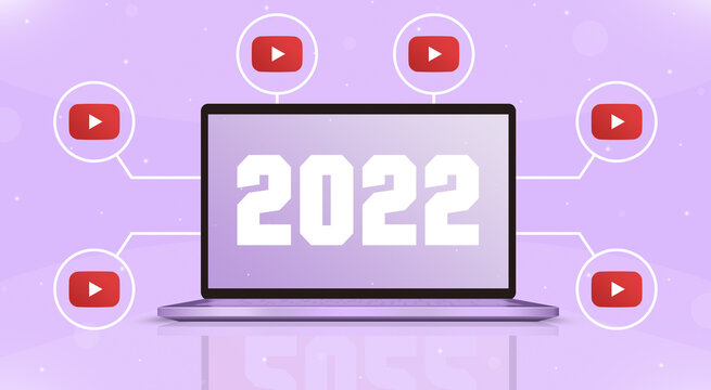 Laptop with 2022 on the screen and youtube icons around 3d