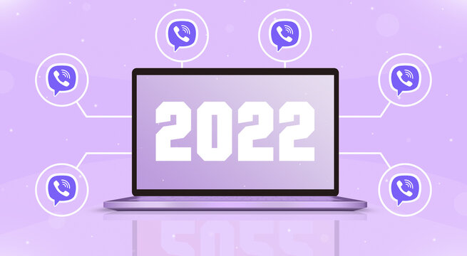 Laptop with 2022 on the screen and viber icons around 3d
