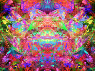 Composición de arte digital conceptual consistente en trazos difuminados en colores fríos formando una imagen que parece una fiesta caleidoscópica de seres luminosos.