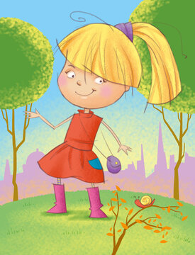 Young blonde girl illustration standing in park looking at snail