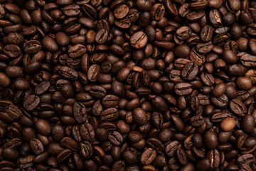 Fototapeta premium Roasted coffee beans. Beautiful background. Copy space. Top view. 