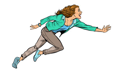Young modern woman happily runs, lifestyle