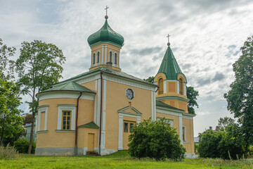 Fototapeta na wymiar Orthodox Maria Magdaleena Church is located in an idyllic area of Haapsalu, on the Promenade. Russian Tsar Alexander II attended the opening of the church in 1852.