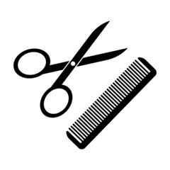 Icon with black scissors hairbrush. Comb and scissors. Vector logo. Black icon.