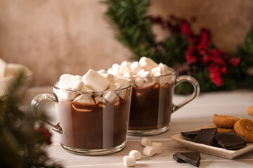 Close-up two mugs of hot chocolate with white marshmallow