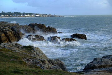 Some big waves at the rock coast "la Roche-Mathieu". The 3rd December 2021, Batz-sur-mer, France.