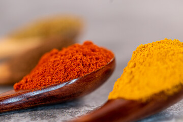 Vibrant chilli powder and turmeric on wooden spoons, with a shallow depth of field