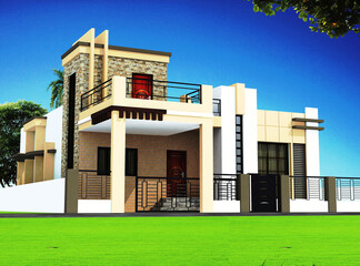 3D rendering of a duplex house with an abstract exterior design