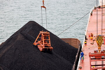 Loading coal from cargo barges onto a bulk carrier using ship cranes and grabs at the port of Muara Pantai, Indonesia. January,2021.