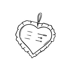 Pillow for needles in shape of heart Doodle sketch style. Sewing equipmen.
Hand drawn vector illustration isolated on white background.