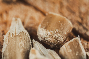 Macro View of Sunflower Seeds on the Wooden Board.