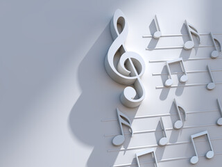 Diseño de fondo musical. Escritura musical. 3d ilustración de notas musicales y signos musicales de la hoja de música o partitura. Canciones y concepto de melodía. - 473626942