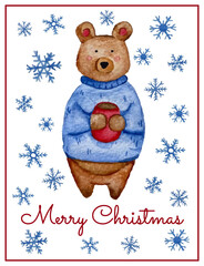 Watercolor Christmas card with bear in sweater