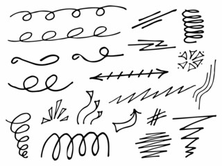 Underlines and curly lines doodle set isolated on white background. 