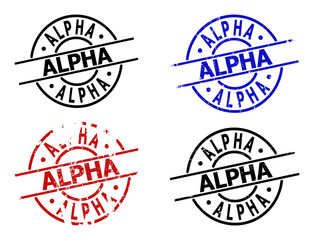 ALPHA stamp versions. ALPHA title is between parallel lines inside circle frame. Rough ALPHA stamp versions in red, black, blue colors, with corroded texture.