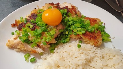 on a white plate fried tonkatsu in panko cut into strips sprinkled with chives topped with raw egg and white rice on the side