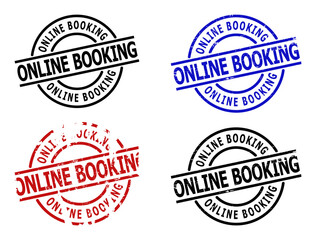 Obraz premium ONLINE BOOKING stamp versions. ONLINE BOOKING caption is between parallel lines inside circle frame. Rough ONLINE BOOKING stamp versions in red, black, blue colors, with unclean texture.