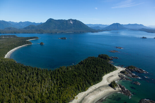 Aerial View Of A White Sand Beach, Flores Island, Vancouver Island, Clayoquot Sound, Canada.