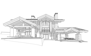 3d rendering of modern cozy chalet with pool and parking for sale or rent. Massive timber beams columns. Black line sketch with soft light shadows on white background