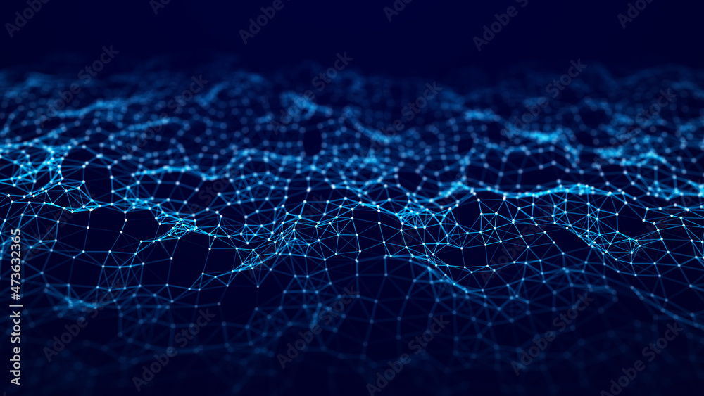 Fototapete Corrupted network or connection. Abstract digital background of points and lines. Glowing plexus. Big data. Abstract technology science background. 3d rendering