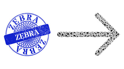 Arrow right mosaic of triangle parts, and Zebra corroded seal imitation. Blue stamp seal has Zebra tag inside round form. Vector arrow right mosaic is created of random triangle parts.