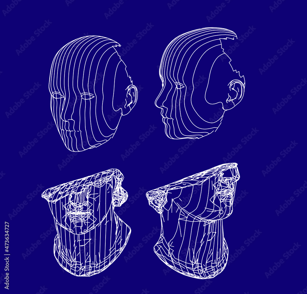 Poster 3D wireframe of a human head on dark background. Concept for Artificial intelligence and Neural Networks themes.
