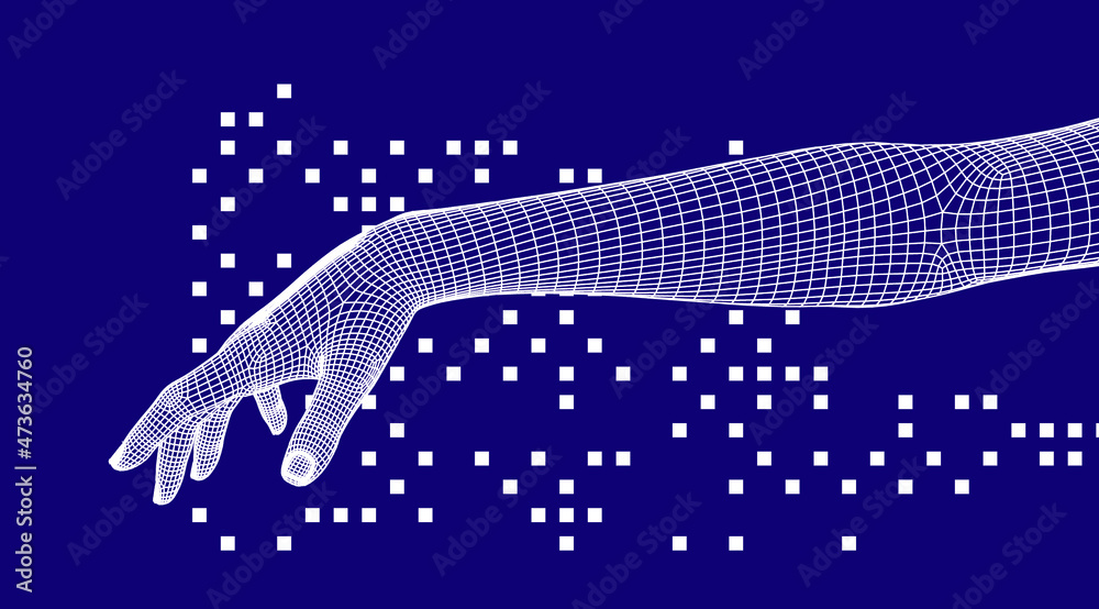 Poster abstract technology background with low poly 3d hand. futuristic style vector illustration.